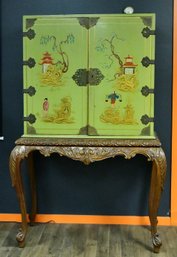 Chinese Chinoiserie Green Figural Orientalist Painted Bar Cabinet