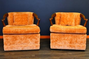 Mid Century Funky Orange Swivel Armchairs With Walnut Arm Rests