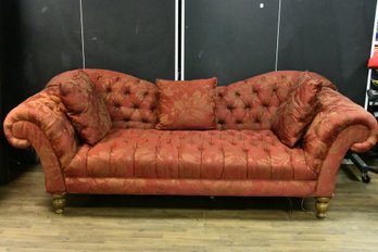 Curved Back Roll Arm Sofa With Custom Red Brocade Fabric