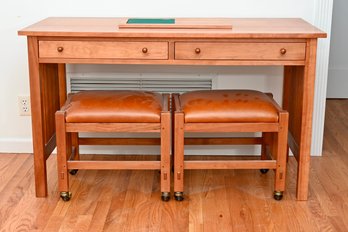 Stickley Mission Cherry Writing Desk With Leather Rolling Stools