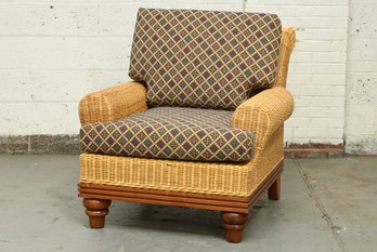 Indoor Wicker Club Chair On Carved Mahogany Base With Cushion