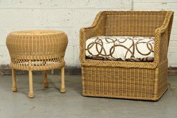 Wicker Chair With Cushion And Round Side Table