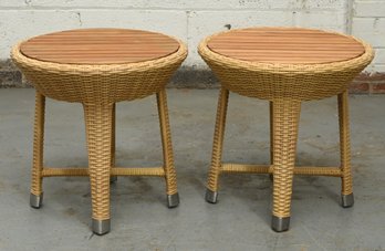 Pair Wicker And Teak Top Side Tables