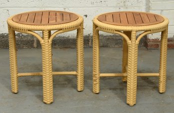 Pair Wicker And Teak Top Side Tables