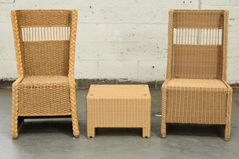 2 Wicker Chairs And Low Ottoman