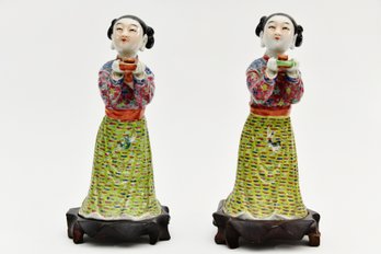 Chinese Export Porcelain Figurines On Wooden Bases