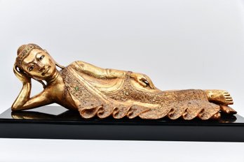Gorgeous Hand Carved Giltwood Reclining Buddha On Wooden Base