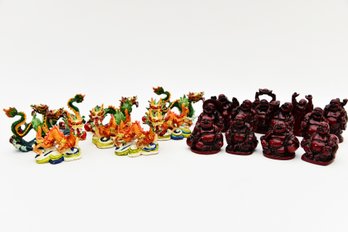 Asian Rosewood And Resin Figurines Laughing Buddha And Dragons