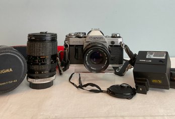 Canon AE-1 Camera, Sigma Zoom Lens & Sunpak Flash
