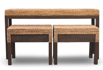 Yothaka Console Table And 2X Side Tables With Single Drawers - Mahogany And Seagrass