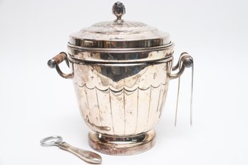 Silver Plate Ice Bucket, Bottle Opener And Tongs