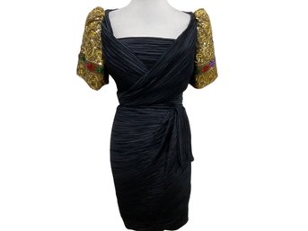 Richilene New York Black Ruched Dress With Embellished Jacket Scarf Size 12