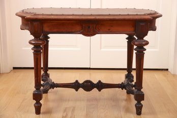 Antique Leather Top Table With Drawer