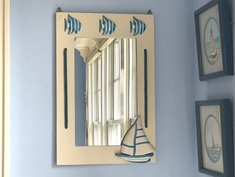 Fish And Sailboat Painted Wood Wall Mirror