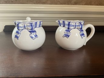 CS Blue  And White Ceramic Milk And Creamer