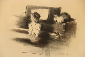Margery Austen Ryerson (1886 - 1989) Charcoal Drawing Child And Cat