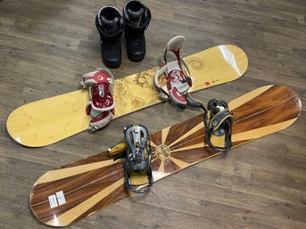 Two Snowboards With Size 9 Boots