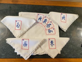 Up Your Game - Hand Embroidered Mahjong 44' Square Tablecloth From Malaysia With Napkins