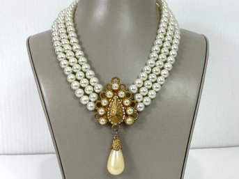 Triple Strand Faux Pearl Necklace