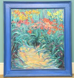 Signed Acrylic Painting Floral Garden Scene