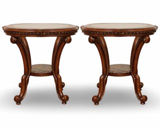 French Mahogany Side Tables With Glass Tops