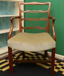 Mahogany Ladder-Back Armchair With Gray Velvet Seat
