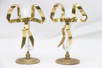2 Mid Century Brass Ribbon Vase Holders