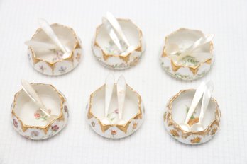 Set Of 6 Diminutive DNC France Salt Cellar Dish With Mother Of Pearl Spoons