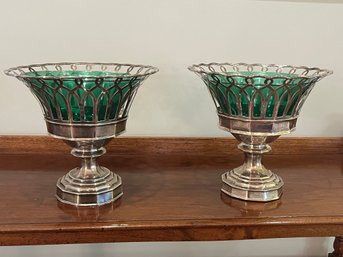 Silver And Green Glass Candy Dish Pedestals