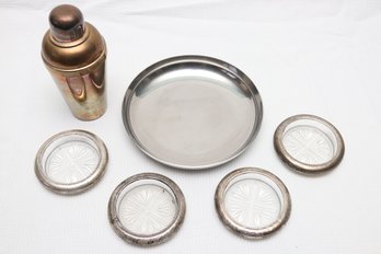 Silver Plate Bar Ware Set Including Sterling Silver Ring Coasters