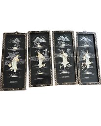 Asian Lacquer Mother Of Pearl Inlay Panels