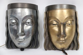 Art Deco Revival Face Mask Wall Sconces- A Pair
