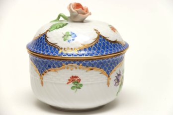 HEREND Rothschild Blue Covered Sugar Dish With Rose