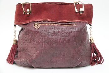 Tory Burch Burgundy Leather Shoulder Bag With Gold Handles