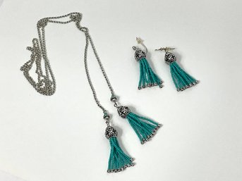 Turquoise Color Bead Dangle Earrings And Necklace