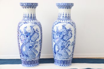 Palace Size Blue And White Asian Urns - A Pair