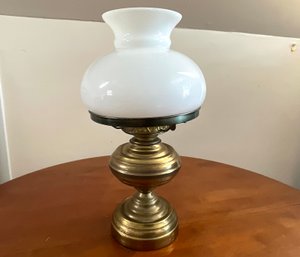 Antique Brass Oil Lamp With White Milk Glass Globe
