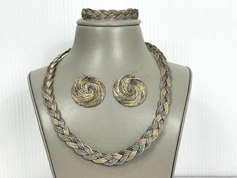 Gold And Silver Tone Braid Necklace, Bracelet & Earrings