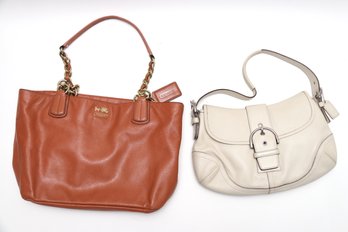 Two Leather Coach Bags - Rust Orange & Cream Colored
