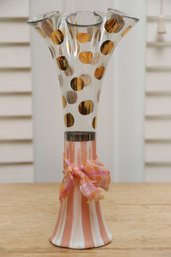 Mackenzie Childs Ruffled Gold Dots And Pink White Stripes Glass Vase