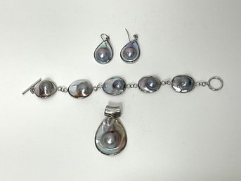 Sterling Silver Blister Pearl Bracelet, Earrings And Pendant