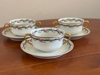 Trio Of Limoges M Redon Flat Bouillon Cups And Saucers