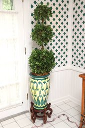 Topiary Triple Boxwood In Hand Painted Pot On A Stand