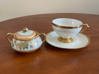 Iridescent Tea Cup, Saucer And Covered Sugar Bowl