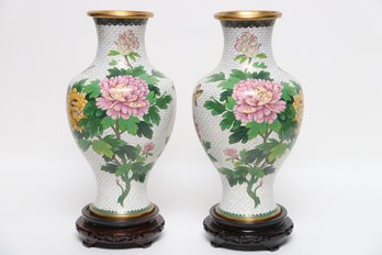Chinese Cloisonne Vases With Multicolor Bird And Floral Design-17 Inches Tall