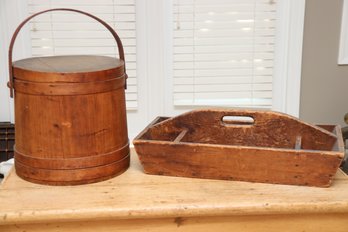 Antique Wooden Bucket And Tray