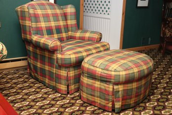 Custom Upholstered Plaid Chair And Ottoman