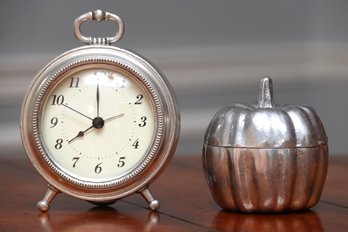 Pewter Clock And Pumpkin Trinket Box