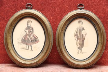 Charming Pair Of Diminutive Oval Figural Prints