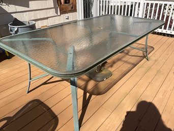 Green Rectangle Glass Top Patio Table With Umbrella Stand
